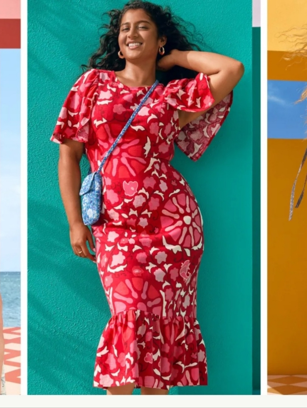 RHODE for Target, Sz 8 Red Floral Midi w/ Batik Inspired Print, Linen Blend